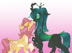 Size: 2048x1500 | Tagged: safe, artist:battiegutz, derpibooru import, fluttershy, queen chrysalis, changeling, changeling queen, pegasus, pony, g4, alternate design, blaze (coat marking), blue sclera, blushing, boop, carapace, chrysashy, coat markings, colored belly, colored hooves, colored pinnae, colored sclera, colored wings, concave belly, countershading, curved horn, dock, duo, duo female, ears, eyelashes, eyeshadow, facial markings, female, floppy ears, gradient background, green blush, green eyes, heart, height difference, horn, lesbian, lidded eyes, makeup, mare, no mouth, noseboop, physique difference, raised hoof, raised leg, shiny mane, shiny tail, shipping, slender, socks (coat marking), standing, straight mane, straight tail, tail, teal mane, teal tail, thin, two toned wings, wings