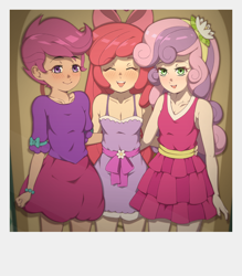 Size: 1400x1600 | Tagged: safe, artist:rockset, apple bloom, scootaloo, sweetie belle, human, equestria girls, equestria girls (movie), accessories, apple bloom's bow, blushing, bow, clothes, cutie mark crusaders, dress, eyelashes, fall formal outfits, female, flower, hair accessory, hair bow, hands on waist, humanized, image, open mouth, open smile, png, polaroid, smiling, trio, trio female, young