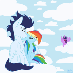 Size: 2000x2000 | Tagged: safe, artist:chantecler13, derpibooru import, rainbow dash, soarin', twilight sparkle, twilight sparkle (alicorn), alicorn, pegasus, pony, g4, cloud, duo focus, female, male, mare, on a cloud, shipping, shocked, shocked expression, soarindash, stallion, straight, trio