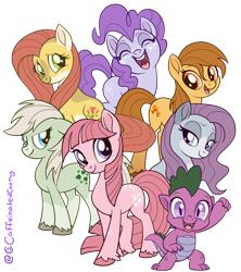 Size: 1440x1618 | Tagged: safe, artist:caffeinatedcarny, derpibooru import, blossom, blue belle, butterscotch (g1), cotton candy (g1), minty (g1), posey, spike (g1), dragon, earth pony, pony, g1, g4, back freckles, coat markings, colored hooves, countershading, facial markings, freckles, g1 to g4, generation leap, gradient hooves, group shot, looking at you, mealy mouth (coat marking), redesign, simple background, socks (coat marking), transparent background, unshorn fetlocks