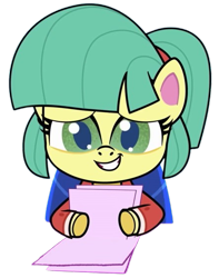 Size: 443x563 | Tagged: safe, artist:luckydog416, derpibooru import, edit, edited screencap, screencap, earth pony, pony, g4.5, my little pony: pony life, the crystal capturing contraption, the rarity report, spoiler:pony life s02e02, background removed, female, grin, karen, karen (g4.5), mare, news report, smiling