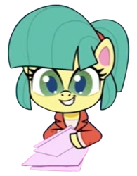 Size: 341x437 | Tagged: safe, derpibooru import, edit, edited screencap, screencap, earth pony, pony, g4, g4.5, my little pony: pony life, background removed, grin, karen, karen (g4.5), news report, simple background, smiling, solo, transparent background