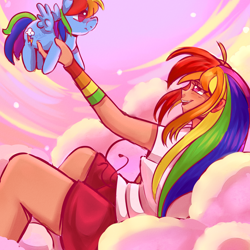 Size: 5000x5000 | Tagged: safe, artist:marubup, derpibooru import, rainbow dash, human, g4, commission, humanized, open mouth, open smile, plushie, sky, smiling, solo, tan skin