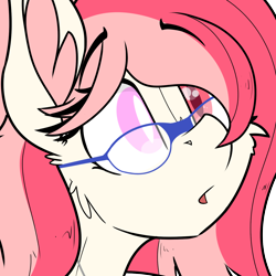 Size: 1500x1500 | Tagged: safe, artist:gnashie, derpibooru import, oc, oc only, oc:blood moon, bat pony, bat pony oc, blind eye, bust, ear fluff, ears, glasses, icon, jewelry, necklace, open mouth, raised eyebrows, solo