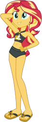 Size: 533x1524 | Tagged: safe, artist:fireluigi29, derpibooru import, edit, edited screencap, screencap, sunset shimmer, human, equestria girls, g4, arm behind head, background removed, bare shoulders, belly button, bikini, bikini bottom, black bikini, clothes, curvy, female, hand on hip, hourglass figure, midriff, sandals, simple background, solo, sunset shimmer's beach shorts swimsuit, swimsuit, transparent background