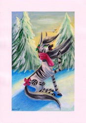 Size: 4818x6914 | Tagged: safe, artist:cahandariella, derpibooru import, oc, oc:cahan, zebra, bow, clothes, colored pencil drawing, female, gouache, green eyes, hair bow, mare, painting, scarf, snow, solo, sunset, traditional art, tree, winter, zebra oc