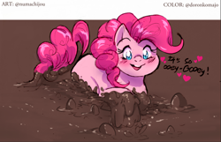 Size: 1364x881 | Tagged: safe, artist:doronkomajo, artist:jiyako, derpibooru import, pinkie pie, earth pony, g4, blue eyes, bubble, dialogue, dirty, heart, mud, muddy, open mouth, open smile, smiling, wet and messy