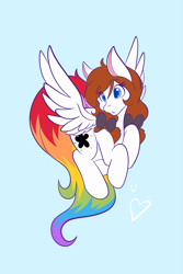 Size: 1365x2048 | Tagged: safe, artist:mscolorsplash, derpibooru import, oc, oc only, oc:color splash, pegasus, pony, bow, female, flying, hair bow, light blue background, mare, pigtails, rainbow tail, simple background, solo, spread wings, tail, twintails, wings