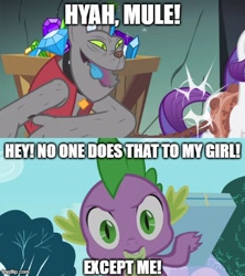 Size: 500x562 | Tagged: safe, derpibooru import, edit, edited screencap, screencap, rarity, spike, dragon, pony, unicorn, a dog and pony show, g4, lesson zero, angry, butt smack, caption, female, image macro, imgflip, male, mare, spanking, text