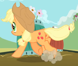 Size: 946x797 | Tagged: safe, derpibooru import, screencap, applejack, earth pony, pony, g4, alternative cutie mark placement, animation error, applebutt, butt, cropped, error, inner thigh cutie mark, mistake, plot, smiling