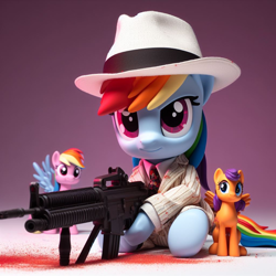 Size: 1024x1024 | Tagged: safe, ai content, derpibooru import, generator:bing image creator, machine learning generated, rainbow dash, g4, clothes, funko, gradient background, gun, hat, machine gun, mafia, necktie, prompter:*rainbow dash*, suit, toy, weapon