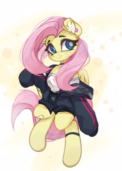 Size: 1466x2048 | Tagged: safe, artist:jfrxd, derpibooru import, fluttershy, pegasus, pony, g4, bandage, blushing, choker, clothes, ear fluff, ears, female, human shoulders, jacket, mare, off shoulder, smiling, solo