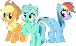 Size: 7403x4468 | Tagged: safe, artist:iamaveryrealperson, derpibooru import, edit, part of a set, applejack, lyra heartstrings, rainbow dash, earth pony, pegasus, pony, unicorn, g4, 2021, base used, blushing, female, happy, looking at someone, looking at something, looking up, mare, raised hoof, raised leg, simple background, smiling, solo, teeth, transparent background, waifu, wings