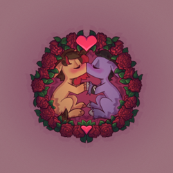 Size: 2000x2000 | Tagged: safe, artist:lionbun, derpibooru import, oc, oc:dreamheart, oc:screaming heart, blushing, chibi, commission, cute, female, flower, hearts and hooves day, holiday, jewelry, kissing, male, mare, married couple, ring, rose, stallion, valentine's day, wedding ring, wreath, ych result