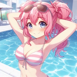 Size: 1024x1024 | Tagged: source needed, safe, ai content, derpibooru import, generator:bing image creator, generator:dall-e 3, machine learning generated, pinkie pie, human, g4, adorasexy, alternate hairstyle, anime, arm behind head, bikini, blushing, breasts, bust, cleavage, clothes, cute, diapinkes, humanized, looking at you, outdoors, pigtails, pink bikini, pinkie pies, portrait, prompter needed, sexy, smiling, smiling at you, solo, standing, striped swimsuit, stupid sexy pinkie, sunglasses, sunglasses on head, swimming pool, swimsuit, twintails