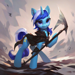 Size: 1024x1024 | Tagged: safe, ai content, derpibooru import, machine learning generated, minuette, pony, unicorn, g4, artificial intelligence, cloak, female, grim reaper, hood, looking at you, mare, polearm, poleaxe, prompter:ai r us, smiling, smiling at you, smirk, solo, weapon