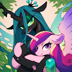 Size: 1024x1024 | Tagged: safe, ai content, derpibooru import, machine learning generated, princess cadance, queen chrysalis, alicorn, changeling, changeling queen, pony, g4, duo, female, hug, looking at you, mare, prompter:ai r us, smiling, smiling at you