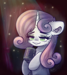 Size: 2500x2800 | Tagged: safe, artist:kindny-chan, derpibooru import, sweetie belle, pony, unicorn, g4, crying, female, filly, foal, microphone, solo, teary eyes