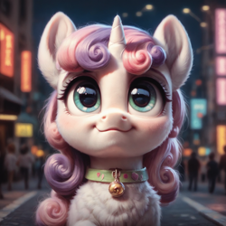 Size: 1536x1536 | Tagged: safe, ai content, derpibooru import, machine learning generated, sweetie belle, pony, unicorn, g4, background human, collar, cute, female, filly, foal, pet collar, pet tag, prompter:ruberoid, solo focus, weapons-grade cute, wrong eye color