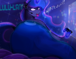 Size: 3840x2985 | Tagged: safe, artist:index3, derpibooru import, princess luna, alicorn, pony, g4, 2000s, blanket, butt, dock, female, gamer luna, headset mic, lying down, mare, on back, plot, tail, tongue, tongue out