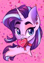 Size: 629x900 | Tagged: safe, artist:falafeljake, derpibooru import, starlight glimmer, pony, unicorn, g4, blushing, bowtie, bust, chest fluff, ear piercing, female, heart, heart eyes, looking at you, mouth hold, piercing, solo, wingding eyes