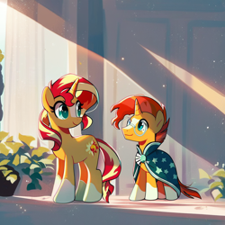 Size: 1024x1024 | Tagged: safe, ai content, derpibooru import, generator:purplesmart.ai, generator:stable diffusion, machine learning generated, sunburst, sunset shimmer, pony, unicorn, g4, brother and sister, clothes, colt, cute, female, foal, glasses, male, mare, prompter:maresforever, robe, siblings, sunny siblings