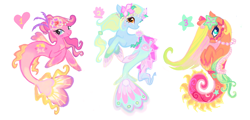 Size: 1280x616 | Tagged: safe, artist:eyerealm, artist:junglicious64, derpibooru import, oc, oc only, merpony, adoptable, blue eyes, bridle, closed mouth, cyan eyes, eyeshadow, female, fins, flippers, flower, flower in hair, gradient body, gradient tail, makeup, mare, orange eyes, pearl, reins, saddle, simple background, smiling, tack, tail, tail fin, trio, trio female, unnamed oc, white background