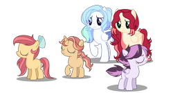 Size: 3012x1610 | Tagged: safe, artist:wonnie-honey-bee, derpibooru import, oc, oc only, oc:cloudburst, oc:echo (wonnie-honey-bee), oc:goldie delicious, oc:magnolia, oc:zelda, earth pony, pegasus, pony, unicorn, base used, bow, earth pony oc, eyes closed, female, filly, foal, frown, hair bow, horn, mare, next generation, offspring, parent:apple bloom, parent:big macintosh, parent:fluttershy, parent:rainbow dash, parent:rumble, parent:scootaloo, parent:soarin', parent:tender taps, parents:fluttermac, parents:rumbloo, parents:soarindash, parents:tenderbloom, pegasus oc, pouting, simple background, transparent background, unicorn oc, worried