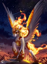 Size: 2976x4096 | Tagged: safe, artist:caddea, derpibooru import, daybreaker, alicorn, pony, g4, antagonist, armor, cloud, crown, digital art, ethereal mane, ethereal tail, eyelashes, eyeshadow, feather, female, flowing mane, flowing tail, gem, golden eyes, helmet, hoof shoes, jewelry, lidded eyes, looking at you, majestic, makeup, mane of fire, mare, night, peytral, princess shoes, regalia, sky, smiling, smiling at you, snow, solo, spread wings, stars, sunset, tail, tail of fire, villainess, wing armor, wings