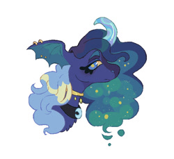 Size: 628x576 | Tagged: safe, artist:6chocolatepie9, derpibooru import, princess luna, alicorn, g4, alternate design, colored horn, curved horn, ear piercing, earring, female, horn, jewelry, mare, necklace, piercing, simple background, solo, sparkly mane, white background, wing ears, wings