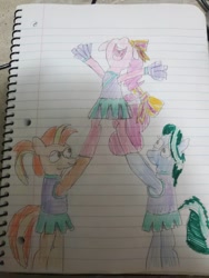 Size: 756x1008 | Tagged: safe, artist:batman714, derpibooru import, lighthoof, pinkie pie, shimmy shake, earth pony, pony, g4, cheerleader, cheerleader outfit, cheerleader pinkie, clothes, colored, drawing, female, lined paper, traditional art