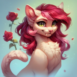Size: 1024x1024 | Tagged: safe, ai content, derpibooru import, generator:pony diffusion v6 xl, generator:purplesmart.ai, generator:stable diffusion, machine learning generated, roseluck, cat, :3, bust, catified, chest fluff, cute, ear fluff, ears, fangs, female, flower, fluffy, looking at you, portrait, prompter:doom9454, rose, smiling, smiling at you, species swap