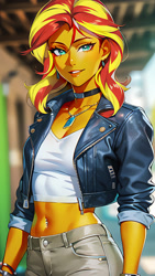 Size: 864x1536 | Tagged: safe, ai content, derpibooru import, editor:masterdarhil, machine learning generated, sunset shimmer, equestria girls, belly button, belly piercing, bracelet, choker, clothes, jacket, jewelry, midriff, necklace, photoshop, piercing, prompter:sammykun, recolor, smiling, solo