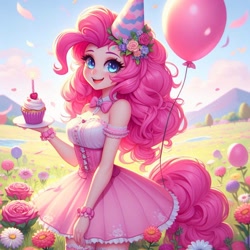 Size: 1024x1024 | Tagged: safe, ai content, derpibooru import, machine learning generated, pinkie pie, human, equestria girls, g4, balloon, cupcake, food, hat, party hat, prompter:hunterxp, solo