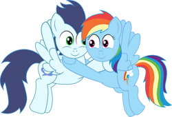 Size: 749x508 | Tagged: safe, artist:roman-santos, derpibooru import, rainbow dash, soarin', pegasus, pony, female, flying, hug, male, mare, shipping, simple background, soarindash, stallion, straight, transparent background