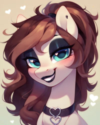 Size: 1024x1280 | Tagged: safe, ai content, derpibooru import, generator:pony diffusion v6 xl, generator:purplesmart.ai, generator:stable diffusion, machine learning generated, oc, oc only, oc:brownie, earth pony, pony, beautiful, bedroom eyes, blue eyes, blushing, bust, choker, cute, earth pony oc, eyeshadow, female, goth, grin, happy, heart, lipstick, looking at you, makeup, mare, messy mane, piercing, ponytail, portrait, prompt in description, prompter:diego96, simple background, smiling, smiling at you, solo