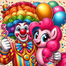 Size: 1024x1024 | Tagged: safe, ai content, derpibooru import, machine learning generated, pinkie pie, earth pony, human, pony, balloon, circus, clown, female, male, prompter:bigfanbud123