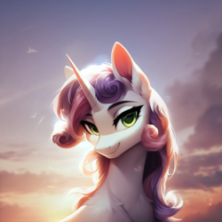 Size: 1024x1024 | Tagged: safe, ai content, machine learning generated, sweetie belle, pony, unicorn, backlighting, chest fluff, female, looking at you, mare, older, older sweetie belle, prompter:maresforever, sky, smiling, smiling at you, solo, solo female