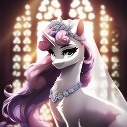 Size: 1024x1024 | Tagged: safe, ai content, machine learning generated, sweetie belle, pony, unicorn, adult, backlighting, church, clothes, dress, female, jewelry, looking at you, mare, necklace, older, older sweetie belle, prompter:maresforever, smiling, smiling at you, solo, veil, wedding dress, wedding veil
