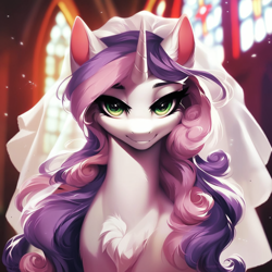 Size: 1024x1024 | Tagged: safe, ai content, machine learning generated, sweetie belle, pony, unicorn, adult, chest fluff, church, female, looking at you, mare, older, older sweetie belle, prompter:maresforever, smiling, smiling at you, unicorn horn, veil, wedding veil