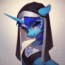 Size: 1024x1024 | Tagged: safe, ai content, machine learning generated, twibooru import, minuette, pony, unicorn, clothes, female, habit, looking at you, mare, nun, nun outfit, pentagram, prompter:ai r us, smiling, smiling at you, solo