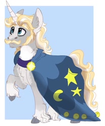 Size: 749x906 | Tagged: safe, artist:fishiecake, derpibooru import, star swirl the bearded, unicorn, blonde, cloven hooves, facial hair, male, moustache, raised hoof, raised leg, solo, stallion, unshorn fetlocks, younger