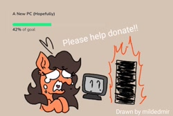 Size: 1500x1000 | Tagged: safe, artist:mildedmir, derpibooru import, oc, oc:robertapuddin, earth pony, pony, advertisement, computer, crying, donation, fire, sad