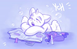 Size: 4096x2643 | Tagged: safe, artist:amishy, derpibooru import, alicorn, pony, bag, book, commission, eraser, eyes closed, open mouth, pencil, ruler, school bag, sleeping, solo, teary eyes, your character here