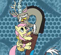 Size: 827x741 | Tagged: safe, artist:mojo1985, derpibooru import, discord, fluttershy, draconequus, pegasus, pony, female, holding a pony, hug, looking at each other, looking at someone, male, mare