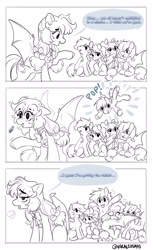 Size: 2100x3439 | Tagged: safe, artist:opalacorn, derpibooru import, oc, oc only, oc:afina rye, bat pony, pony, unicorn, bat pony oc, black and white, commission, female, grayscale, group, mare, monochrome, onomatopoeia, simple background, spread wings, sweat, white background, wings