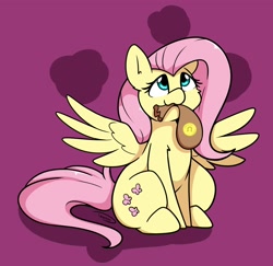 Size: 1542x1501 | Tagged: safe, artist:taurson, derpibooru import, fluttershy, pegasus, pony, bag, bits, cheek fluff, cute, female, mare, money bag, mouth hold, purple background, shyabetes, simple background, sitting, solo, spread wings, wings