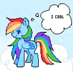 Size: 1024x1024 | Tagged: safe, artist:fluttr3, derpibooru import, rainbow dash, pegasus, pony, g4, cloud, female, folded wings, lidded eyes, light blue background, mare, missing cutie mark, on a cloud, pixel art, simple background, solo, standing on a cloud, text, thought bubble, wings