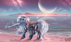 Size: 4080x2412 | Tagged: safe, artist:rensaio, derpibooru import, oc, oc only, oc:lance frostfire, unicorn, armor, armored pony, beach, horn, magic, male, moon, mouth hold, ocean, plate armor, solo, sword, unicorn oc, water, weapon