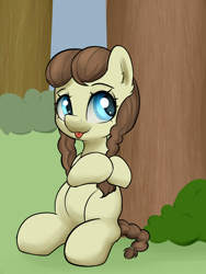 Size: 3000x4000 | Tagged: safe, artist:dumbwoofer, derpibooru import, heidi hay, earth pony, pony, g4, :p, braid, braided tail, bush, ear fluff, ears, female, filly, foal, forest, nature, playing with hair, sitting, solo, tail, tongue, tongue out, tree